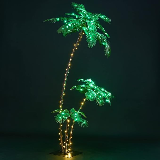 LIGHTSHARE Lighted 7FT Gorgeous Palm Tree 3Trunks Artificial Palm Tree 218LED Lights for Office Decoration Indoor Outdoor Tiki Bar Christmas Patio Pool- Electric