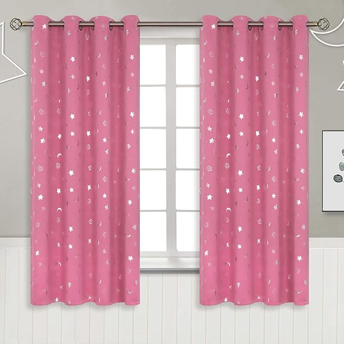 BGment Pink Blackout Curtains 63 Inch Length, Nursery Curtains for Girls Kids Bedroom, Star and Moon Thermal Insulated Room Darkening Window Drapes with Grommet for Babys, 2 Panels, 52 Wide