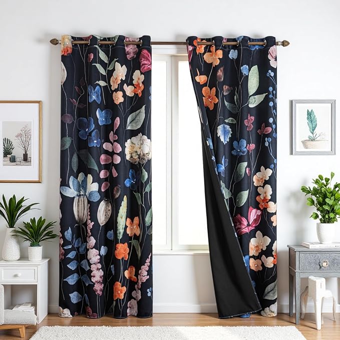 Floral Blackout Curtains 96 inch Length 2 Panel Set 52x96, Black Out Flower Rusitc Garden Pattern Print Room Darkening Thermal Insulated Drapes Window Curtains for Bedroom Living Room Decor