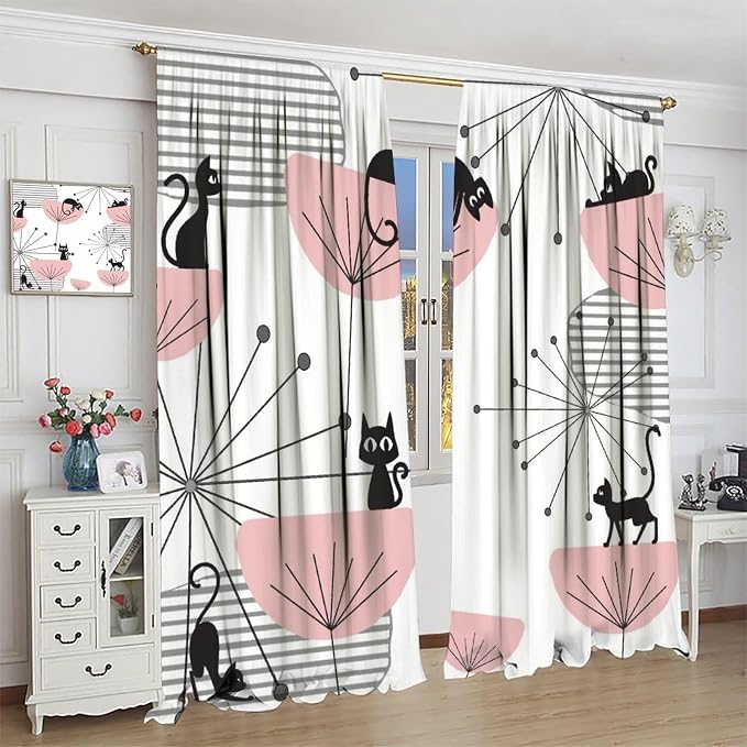 JESTRONRY Mid Century Cat Curtains, Pink Atomic Abstract Geometric 1950s 1960s Retro Style Rod Sleeves Window Drapes for Bedroom Living Room Home Decor 42x45in