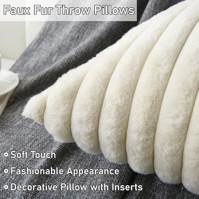 Decorative Throw Pillow with Inserts, Set of 2 Soft Faux Fur Throw Pillows, Square Boho Striped Pillow for Couch, Bed, Sofa Decor(Beige, 16" x 16")