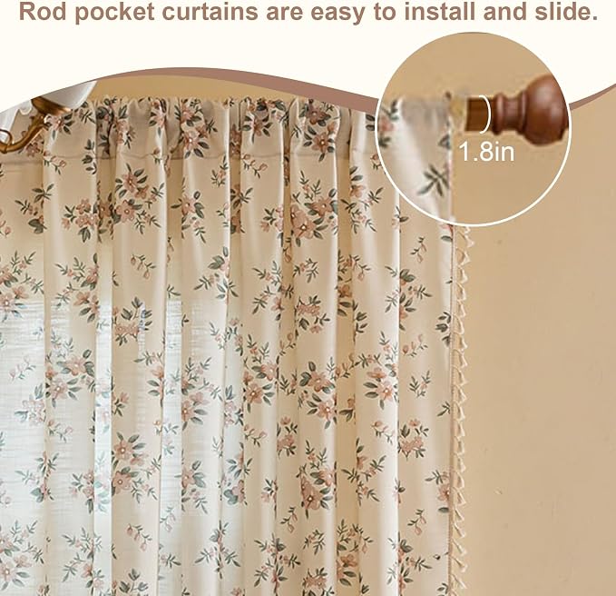 OYX Boho Floral Curtains 96 Inch, Pink Flower Farmhouse Drapes with Tassels, Linen Textured Light Filtering Semi Sheer Curtains for Living Room Bedroom, 2 Panels, Rod Pocket, 52Wx96L