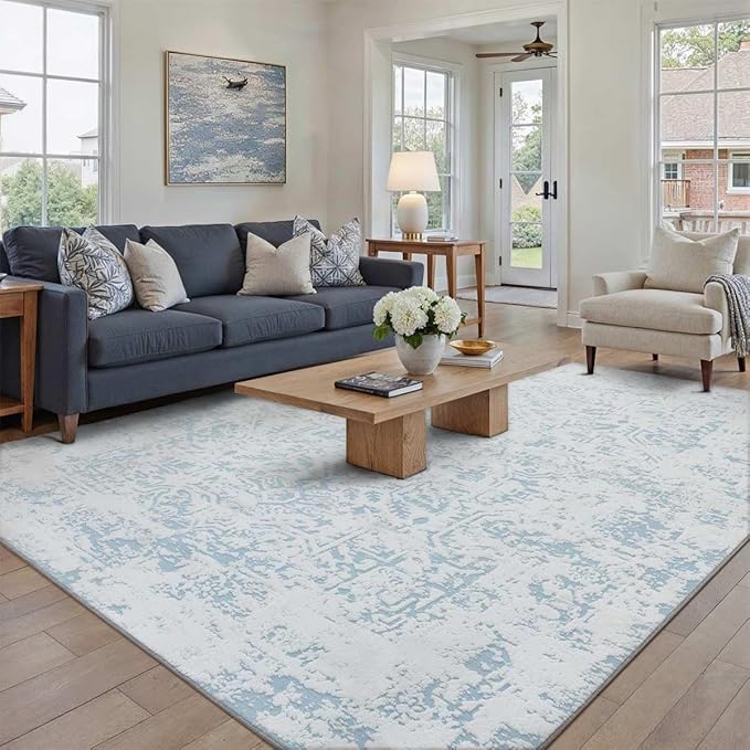 5x7 Fluffy Area Rug Blue Shag Neutral Throw Carpet for Living Room Soft Medium Pile Floral Throw Rug for Bedroom Dorm Office Dining Room Kitchen Modern Decor