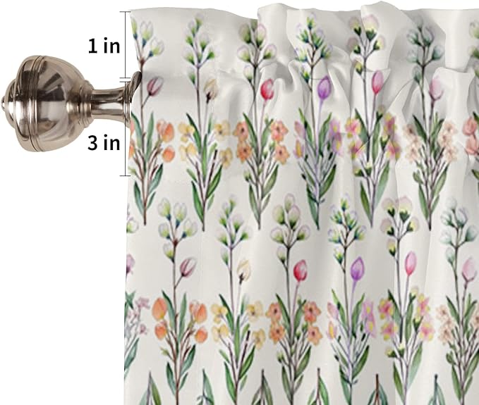 Kitchen Tier Curtains 54 inches Long, Vintage Flower Colorful Floral and Green Leaves Window Curtains for Living Room Bath,Rod Pocket Light Filtering Drapes Short Half Window Treatment Tiers 2 Panels