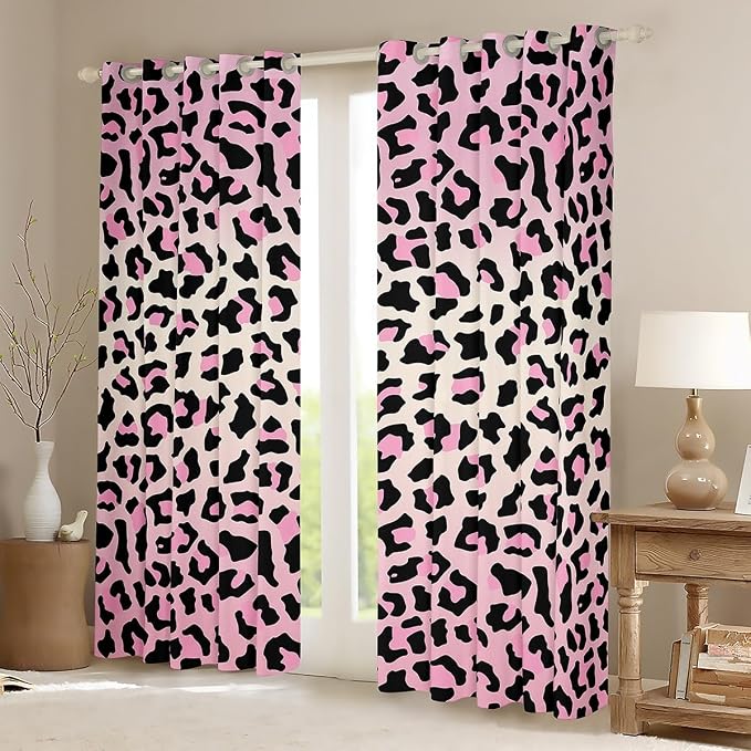 Feelyou Pink Leopard Room Darkening Blackout Curtain Cheetah Curtains for Bedroom Living Room Boys Girls Animal Print Blackout Curtains (2 Panels, 42 x 90 Inch) Safari Window Treatments
