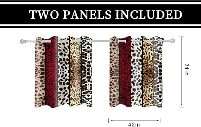 Wild Animal Print Curtain, Room Darkening Thermal Insulated Blackout Leopard Boa Window Drapes with Grommets for Living, Dining, Bedroom, Red Leopard Print, 42"x 24", 2 Panels