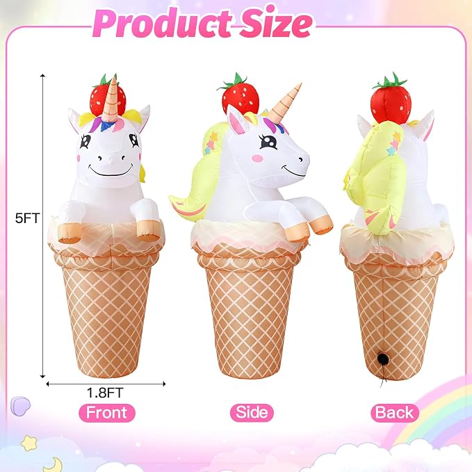 5FT Inflatable Unicorn with Ice Cream Cone for Summer Outdoor Decorations, Giant Blow Up Ice Cream Built-in LED Lights for Sweet Candy Theme Girls Birthday Party, Beach Pool Yard Garden Photo Backdrop