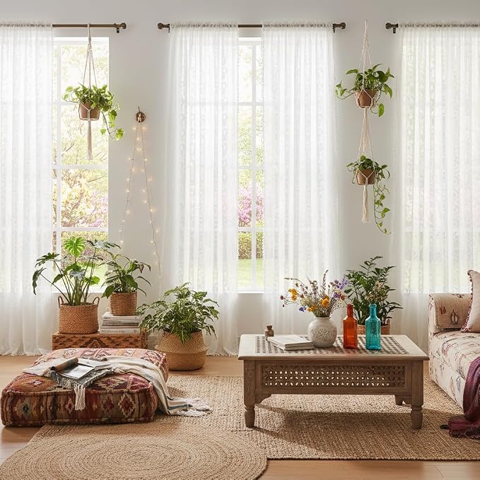 WAZZIO White Boho Lace Curtains 84 Inch -Cute Vintage Victorian Sheer Panel Drape French Country Floral Pattern & Tassel Light Filtering Privacy for Bedroom Dining Living Room,2 Panels,W52 x 84L