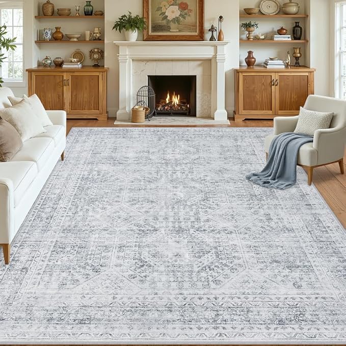 8x10 Area Rugs for Living Room: Vintage Boho Neutral Washable Rug Indoor Soft Large Area Rug Carpet for Bedroom Nursery Farmhouse Dining Room Office Floor Non-Slip Low Pile Under Table Rug Gray