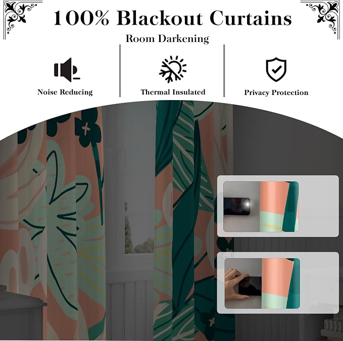 Tyrot 100% Blackout Boho Floral Curtains fo Bedroom 96 inch Long 2 Panels Mid Century Botanical Black Out Curtains for Living Room Grommet Thermal Insulated Room Darkening Window Drapes