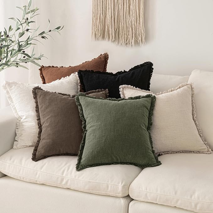 MIULEE Decorative Throw Pillow Covers Neutral Linen Fringe Throw Pillows Set of 2 Chocolate Brown Boho Farmhouse Cushion Covers with Tassels for Couch Sofa Bed Living Room Fall Decor 18x18 Inch