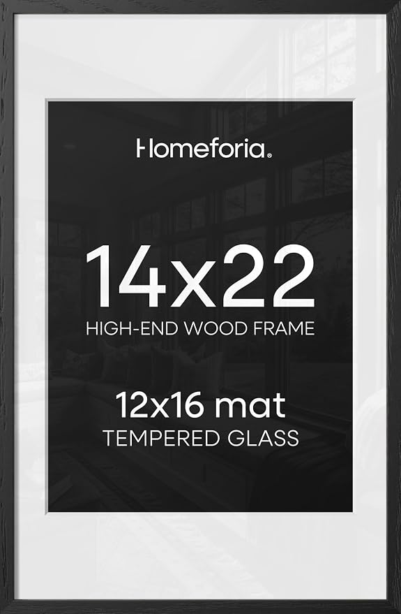 Homeforia 14x22 Frame Black Wood, High End Oak 14x22 Picture Frames with Mat 12x16 Photo, 14 x 22 Wooden Poster Frame Matted to 12 by 16 Print, 22x14 Hanging Frames, Tempered Glass, Wall Kit, Set of 1