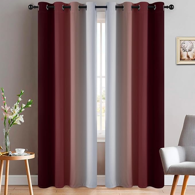 Yakamok Ombre Curtains Red and Greyish White for Living Room,52Wx84L | Room Darkening Curtains 84,Thermal Insulated Gradient Color Drape,Light Blocking Grommet Window Curtains for Bedroom,2 Panels