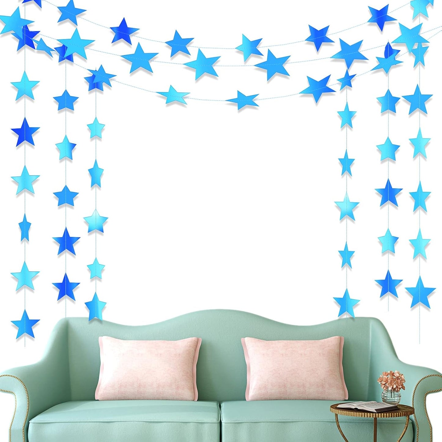 Patelai Glitter Star Garland Banner Decor 130 Feet Star Hanging Bunting Banner Twinkle Backdrop for Homecoming Classroom Wedding Birthday Halloween Christmas Party Supplies(Holographic Blue)