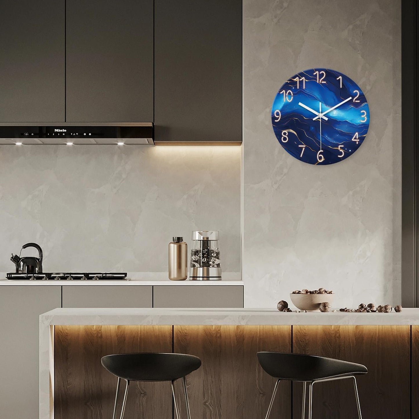 Glass Blue Wall Clocks Battery Operated 16 Inch Marble Pattern Big Clock for Office Abstract Silent Wall Clock Non Ticking