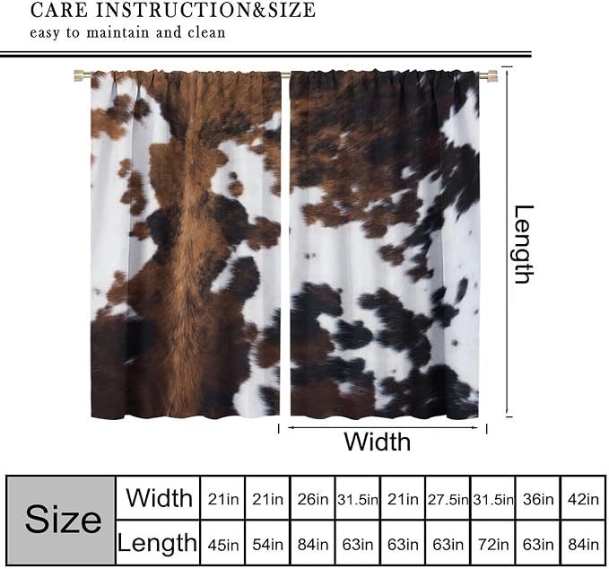 Cowhide Blackout Curtain, Brown White Cowhide Animal Fur Western Rustic Farm Curtains Rod Pocket Window Treatments 2 Panels Drapes for Dining Room Office Living Room Deocr 63" W X 72" L