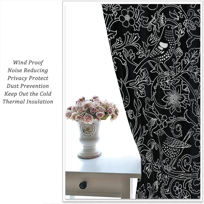 Bohemia William Morris Art Blackout Window Curtains, Vintage Flowers and Birds Dark Magic Forest Background, for Living Room Bedroom 36(W)*63(L) 2 Panels