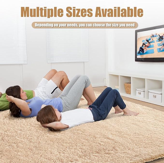 Ultra Soft Fluffy Area Rugs for Bedroom Living Room 10x14, Nursery Rug, Non-Slip Carpet for Kids Dorms Decor, Shaggy Bedside Rug, Beige