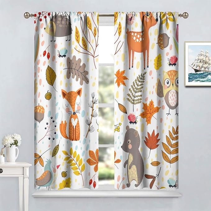 YCness Kids Boys Girls Curtains, Jungle Animal Autumn Forest Cartoon Deer Rabbit Fox Owl Print Pattern Window Drapes for Nursery Baby Bedroom Playroom Living Room 2 Panel Sets,42x45 Inch