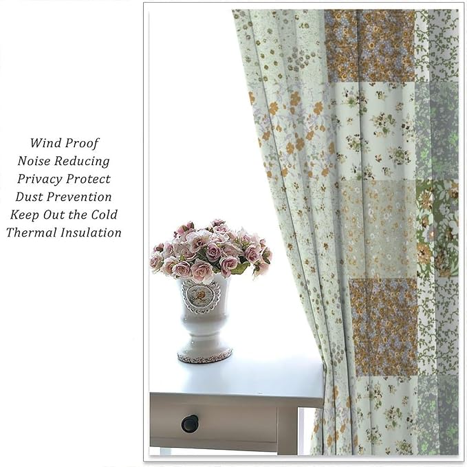 Boho Flower Patchwork Blackout Curtains Farmhouse Patchwork Quilted Country Check Print Window Drapes for Bedroom Living Room Kitchen Cafe （W27.5xL63 Inch） x2 Panels