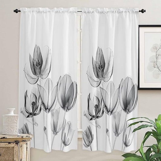 Kitchen Tier Curtains 72 inches Long, Flower Tulips Transparent Black Floral Window Curtains for Living Room Bath Cafe,Rod Pocket Light Filtering Drapes Short Half Window Treatment Tiers 2 Panels