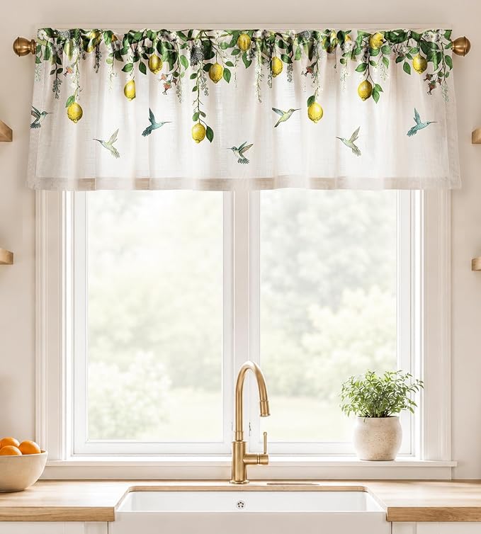 Miss Adola Valance Curtain for Windows - 16 Inch Linen Blend Farmhouse Lemon Bird Valance for Kitchen Living Room Bedroom Bathroom Vintage Country Short Curtain with Rod Pocket, 1 Panel