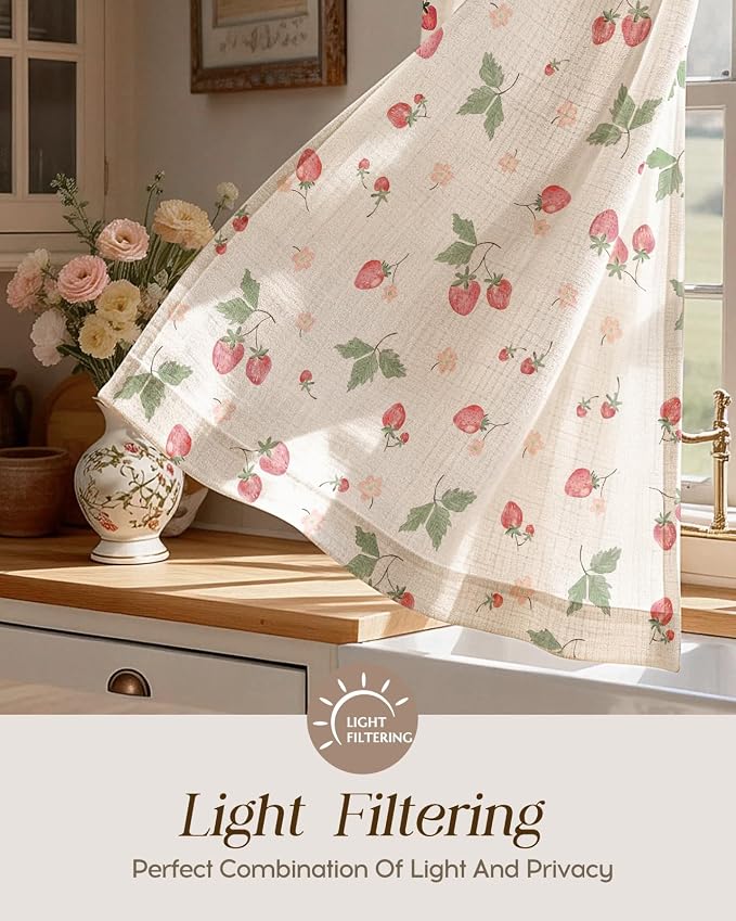Miss Adola Farmhouse Kitchen Tier Curtains - 30 Inch Length Linen Blend Country Cafe Curtains Strawberry Small Window Treatments Over Sink Rod Pocket for Bathroom Living Room Light Filtering, 2 Panels