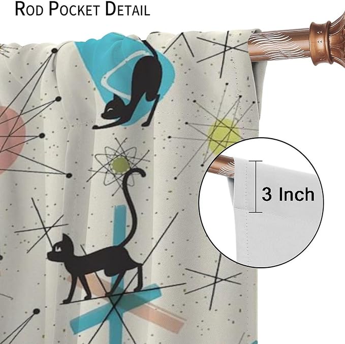 JESTRONRY Mid Century Curtains, Black Cat Atomic Stars Abstract Geometric Vintage Kitty Animal Room Darkening Door Window Rod Pocket Curtain for Living Room Bedroom 63x72in