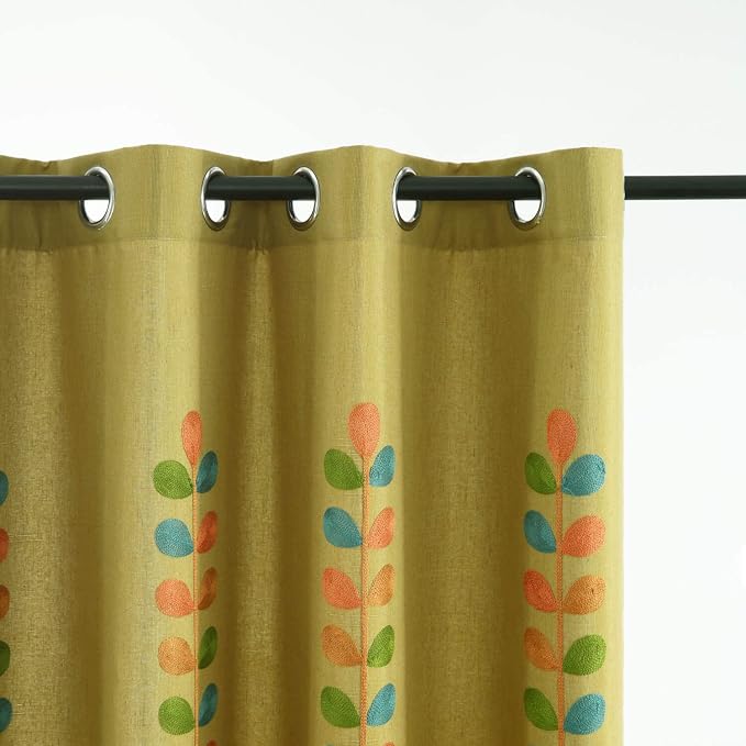 VOGOL Linen Curtains 63 Inch Length, Colorful Leaves Embroidered Kitchen Curtain, Top Grommet, 2 Panels, 52x63