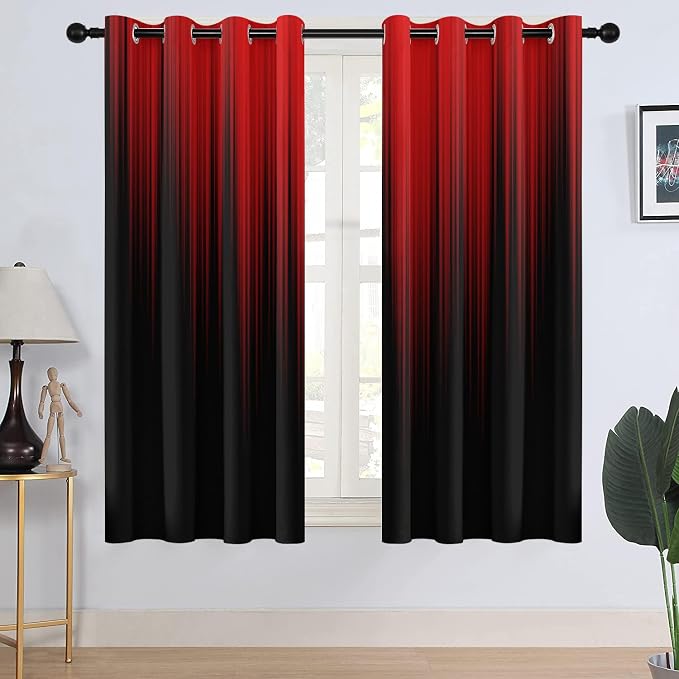 AAtter Red Black Window Curtains, Room Darkening, Grommet 42" W x 63" L | Burgundy Ombre Gothic Drapes, Dark Modern High Precision Fabric, Abstract Anime, 2 Panels Cool Bedroom Decor for Men