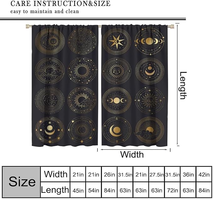 Bohemian Sun Moon Star Blackout Curtains, Golden Retro Style Sun and Moon Pattern Print Window Drapes, for Living Room Bedroom 42x63in 2 Panels