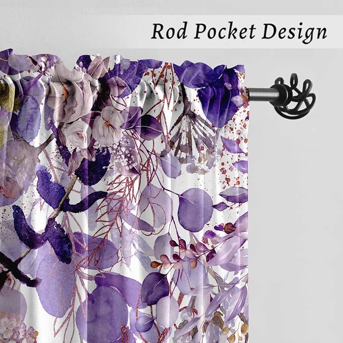 Purple Eucalyptus Floral Curtains 63 Inch Length Watercolor Flower Plant Light Filtering Curtains for Living Room Farmhouse Rustic Dining Room Curtain Wildflower Kitchen Curtain 2 Panels