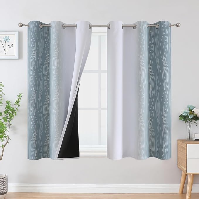 Estelar Textiler Stone Blue and Greyish White Ombre Blackout Curtains 54 Inch Length 2 Panels, Full Room Darkening Drapes for Window, Thermal Insulated Grommet Short Curtains for Bedroom,42Wx54L