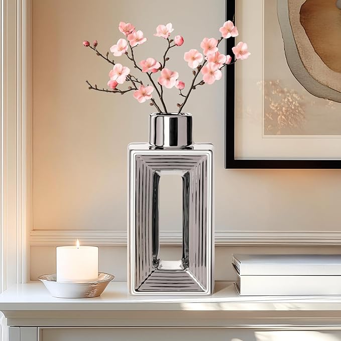 Torre & Tagus 10" Silver Flat Ceramic Rectangle Vase for Flowers & Modern Home Decor, Reflective Ribbed Long Flat Decorative Vase with Hollow Center for Centerpieces and Entryway Styling (Rialto)