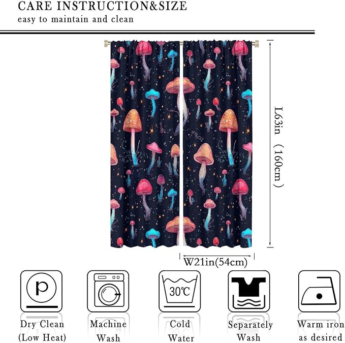 Fantasy Mushroom Curtains,Colorful Plant Print Window Treatments for Bedroom Living Room Kitchen Cartoon Herbs Floral Polyester Fabric Window Drapes 2 Panels Set,Total Size 42 x 63 Inch