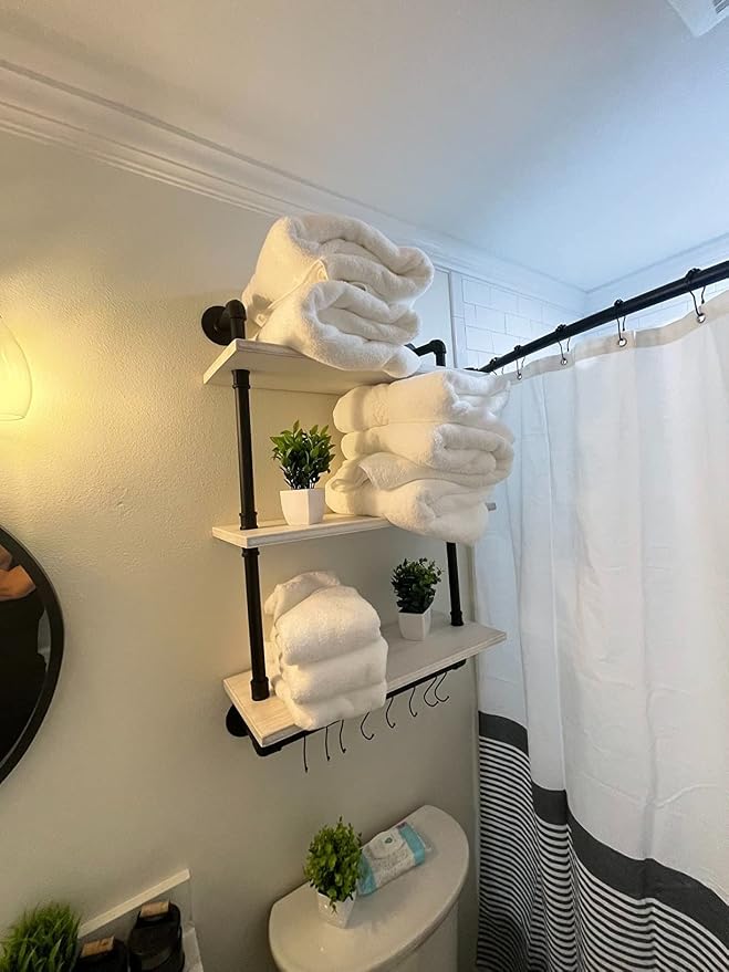 ROGMARS Industrial Pipe Shelving Bathroom Shelves with Towel Bar | Retro White Rustic Farmhouse Industrial Wall shelf Bathroom Shelves Over toilet for Storage 3 Tier 24 inch