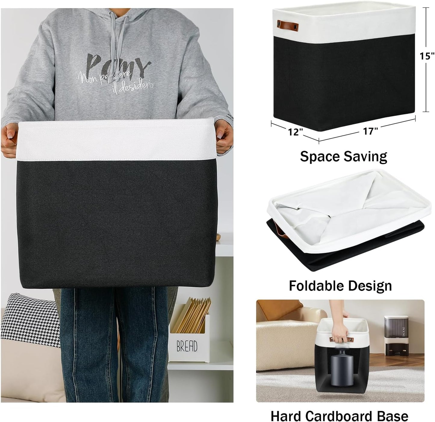 DULLEMELO Fabric Storage Baskets 3 Pack - 17x12x15 inch Large Foldable Fabric Organizer for Storage Decorative Storage Bins for Home,Closet(White&Black)