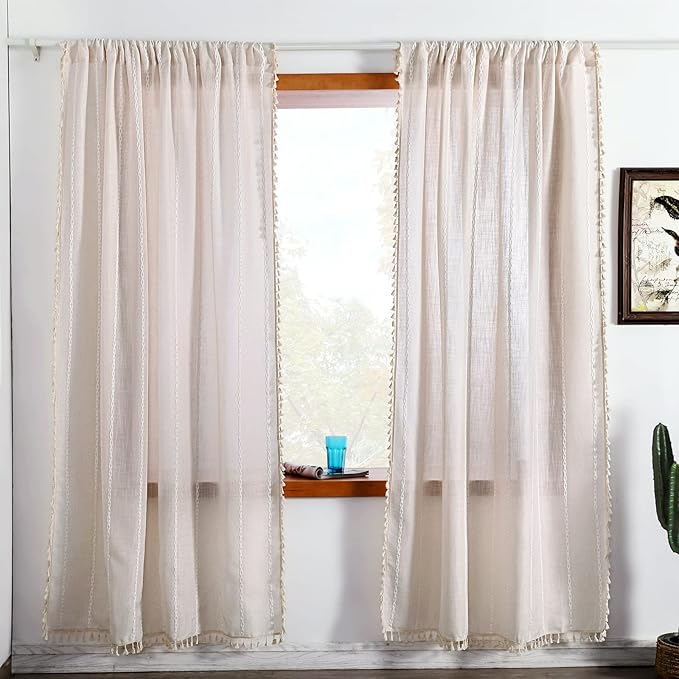 RoomTalks Boho Curtains for Bedroom Living Room 72 Inch Length Freanch Country Modern Farmhouse Window Curtain Panels Embroidery Striped Bohemian Tassel Draperies (72’’L x 52’’W, Beige)