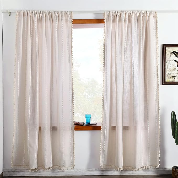 RoomTalks Boho Beige Curtains for Bedroom Living Room 96 Inch Length French Country Modern Farmhouse Cotton Window Curtain Panels Embroidery Striped Bohemian Tassel Draperies, 96’’L x 52’’W