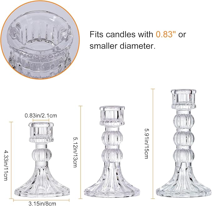 Lewondr Glass Candle Holders, 3 Pack Simple Candle Holders for Pillar and Taper Candle, Vertical Stripe Design Candlesticks Tablet Candle Holder Holiday Home Decoration for Dinner Table, Clear