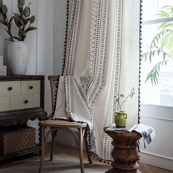 ColorBird Boho Curtains 2 Panels Modern Farmhouse Decor Black and White Striped Geometric Aztec Western Window Treatment Cream Curtain & Drapes for Living Bedroom Dining Room 63 Inch Length