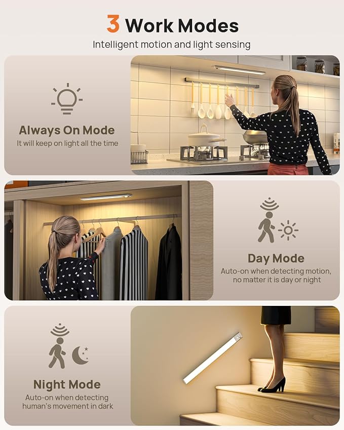 16inch Under Cabinet Lighting with Remote, LED Motion Sensor Light Indoor, 4000mAh Rechargeable Closet Lights, 3 Color Temps Wireless Under Counter Lights for Kitchen, Pantry, Stair, 2 Pack
