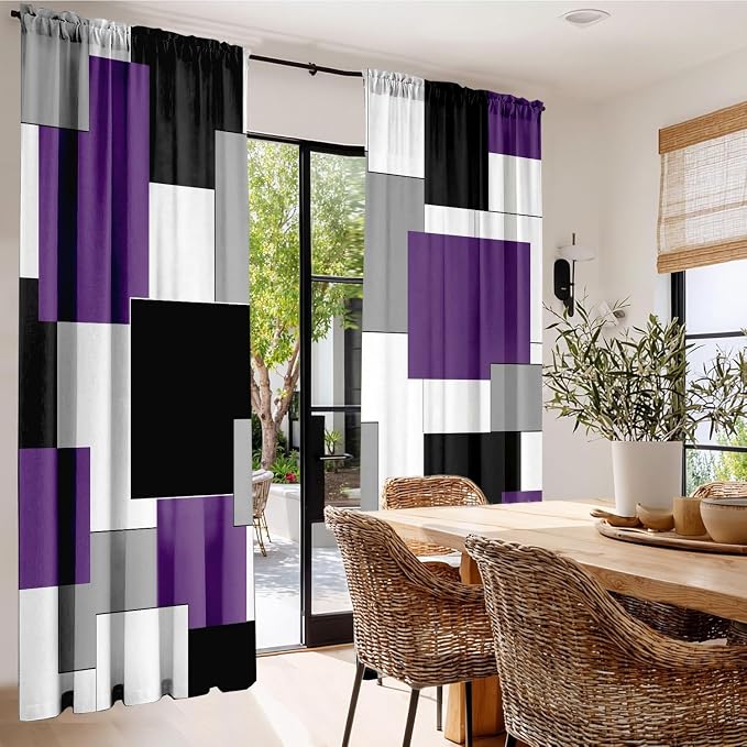 Purple and Black Curtains for Living Room 84 Length Curtains Geometry Modern White Purple Abstract Rod Pocket Curtain for Bedroom Kitchen Room Window Drapes 2 Panels