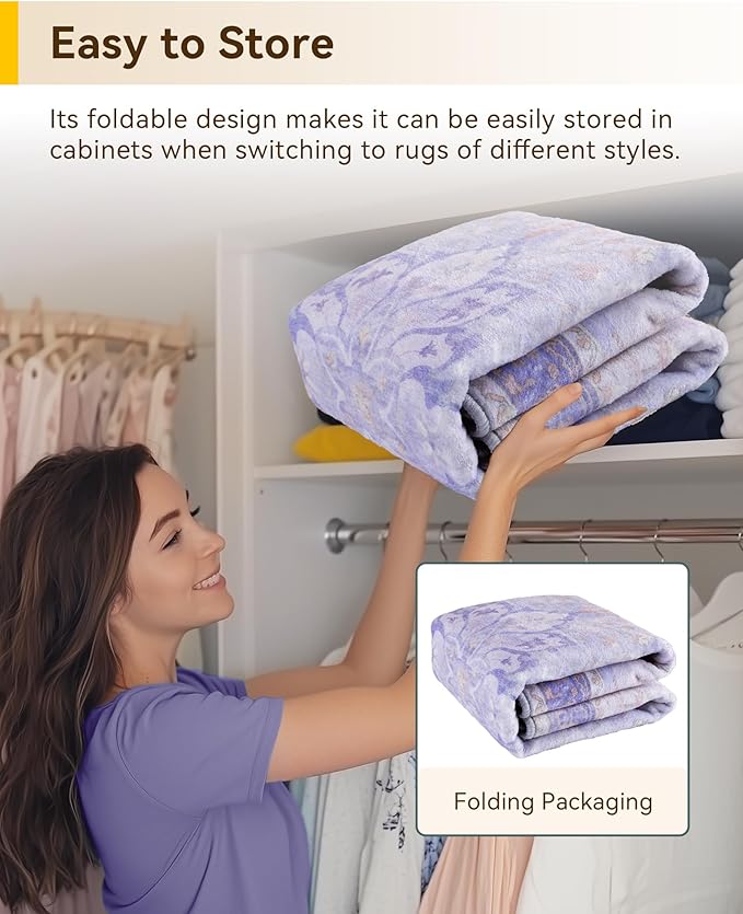 RELEANY Area Rugs Round 10ft Washable Non-Slip, Floral Vintage Distress Medallion Carpet for Living Room Bedroom Dining Room, Light Purple Brown