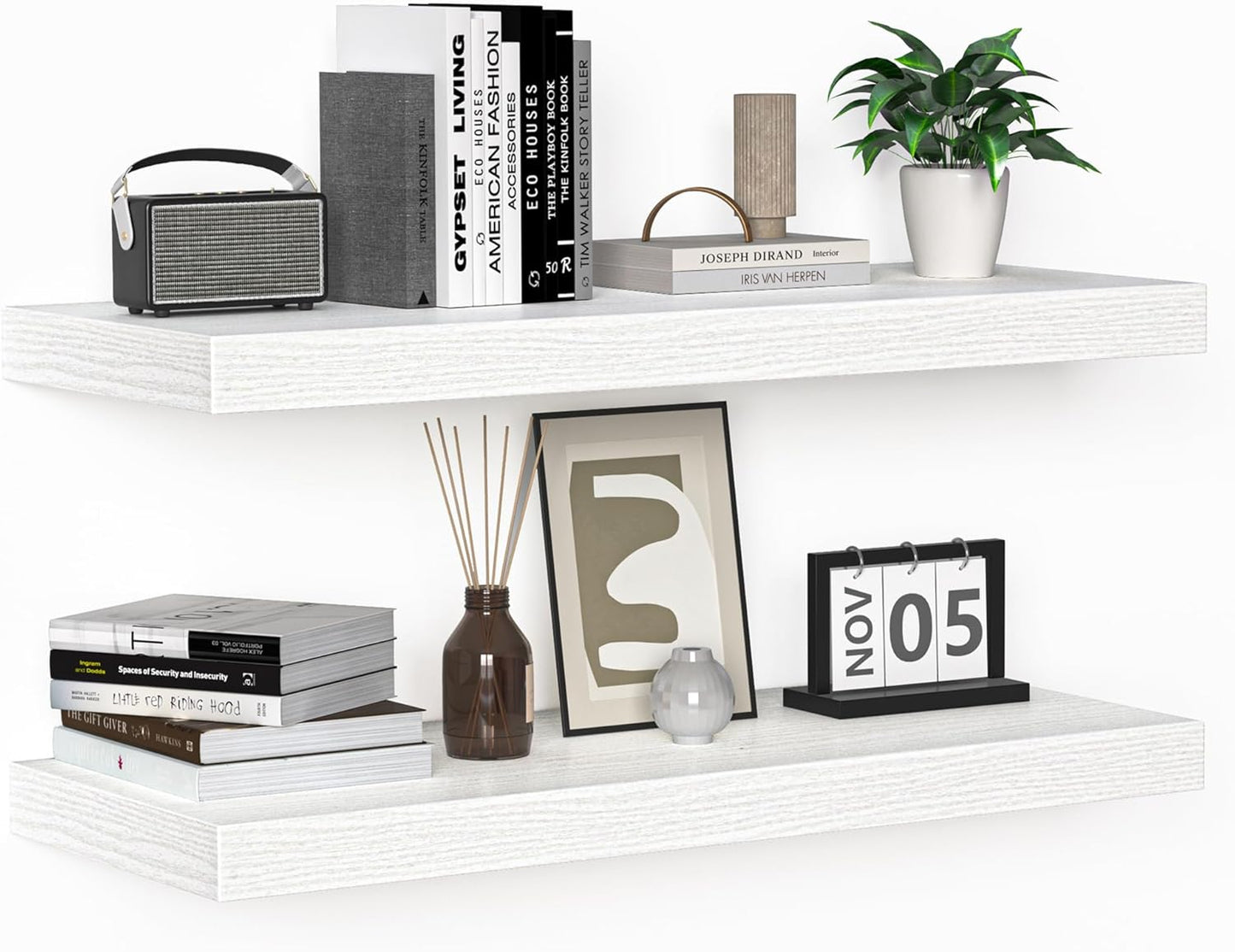 Floating Shelves - 24 Inch Rustic Wooden Wall Shelves - Extra Deeper & Thicker Wall Mounted Storage Shelf for Living Room, Kitchen, Farmhouse - 24" W x 9" D x 1.6" H - Rustic White, 2 Pack