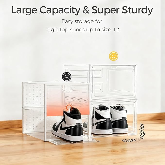 Pinkpum Upgraded Hard Shoe Storage Box 6 Pack X-Large Fit Size 12, Thicken & Sturdy Clear Plastic Stackable Shoe Organizer Box Closet, Sneaker Storage Display Case Holder Bins with Magnetic Door White