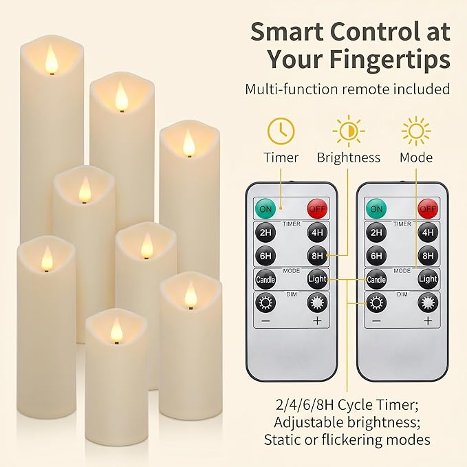 Enido 9pcs Flameless Candles with Remote, 2.2" x 5/6/7" Heat-Resistant Plastic LED Pillar Candles, Battery Operated Moving Wick Fake Candles with Timer, Realistic for Wedding, Outdoor, Home Decor