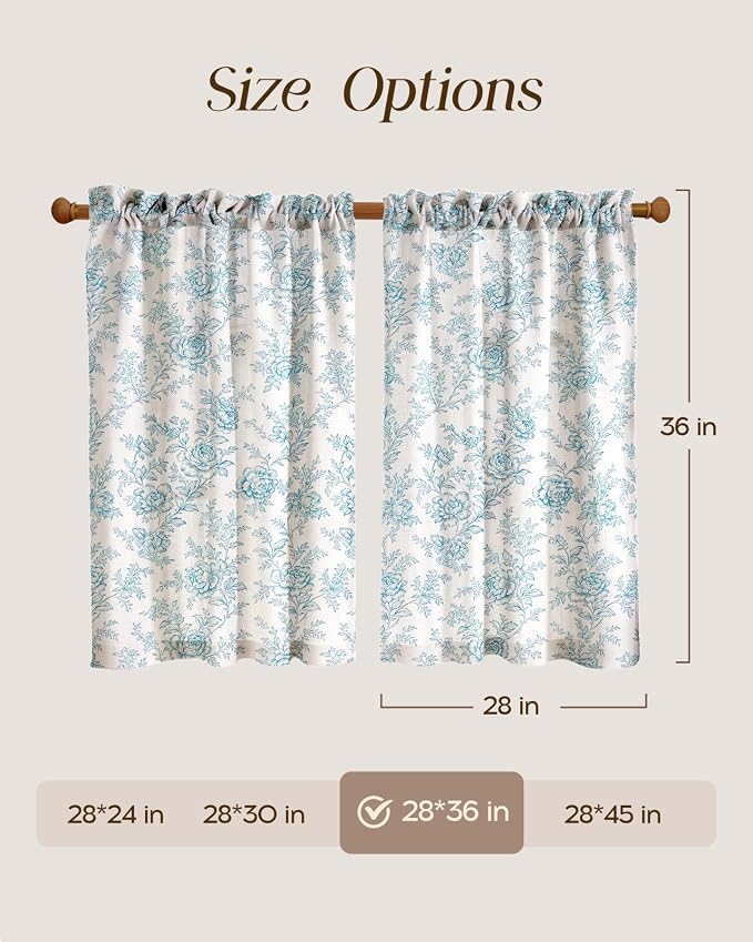 Miss Adola Farmhouse Kitchen Tier Curtains - 36 Inch Length Linen Blend Cafe Curtains Blue Floral Small Window Treatments Over Sink Rod Pocket for Bathroom Living Room Light Filtering, 2 Panels