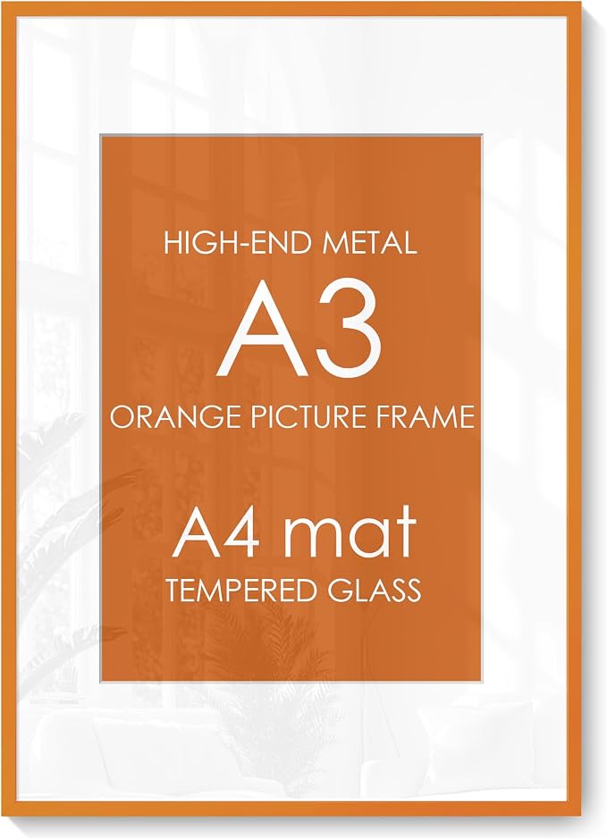 A3 Picture Frame 11.7x16.5 for A4 8.3x11.7 Photo, Aluminum Frame, Orange | Sleek Metal Frame for Wall, Desk & Gift | Beveled Glass & Hardware, Minimalist