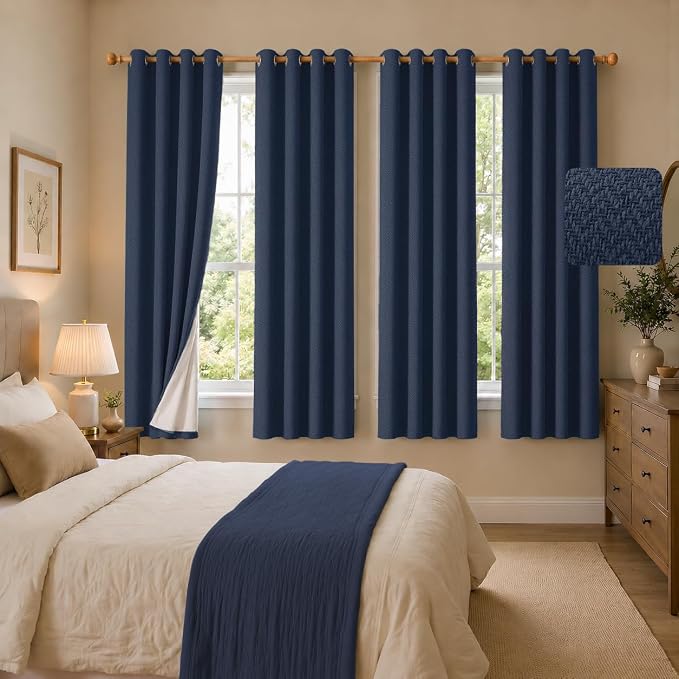 4 Panels 100% Blackout Linen-Textured Curtains, Thick Thermal Insulated Grommet Drapes with Subtle Herringbone Weave, Luxury Decor for Bedroom/Living Room, 54 x 63 Inches, Navy